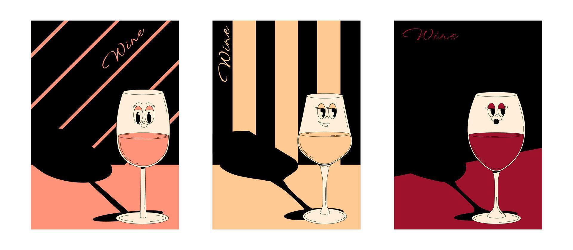 Set retro wine posters. Groovy characters wine glasses with face and emotions. Vintage illustration 70s, 80s style vector