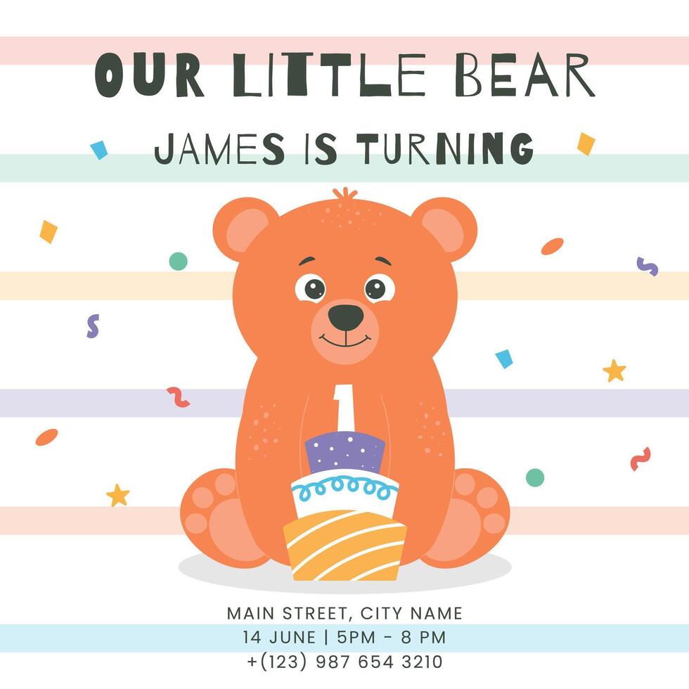 Greeting and invitation for kids first Birthday party. Cute baby bear and cake in flat childrens style. illustration, design for card, poster, event, prints vector