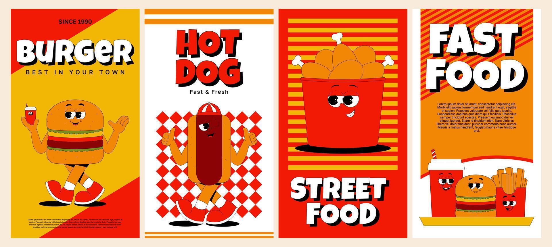 Vertical stories templates with funky burger, hot dog, chicken thighs, french fries and drink character in retro groovy style. Social media posts. posters set vector