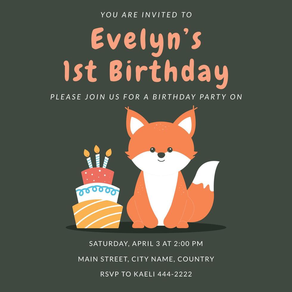 Greeting and invitation for kids first Birthday party. Cute baby fox and cake in flat childrens style. illustration, design for card, poster, event, prints vector