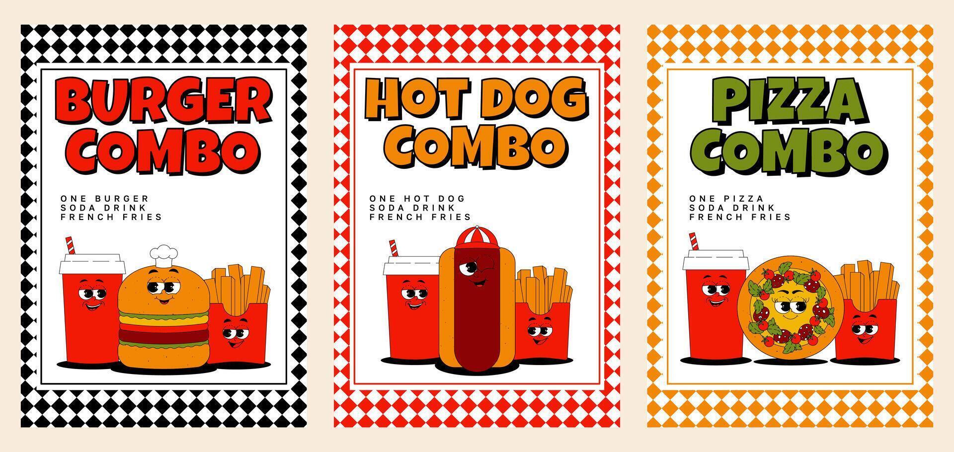 Retro groovy character fast food posters set. Vintage mascot burger, pizza, hot dog, french fries and drink with psychedelic smile and emotion. Funky illustration vector