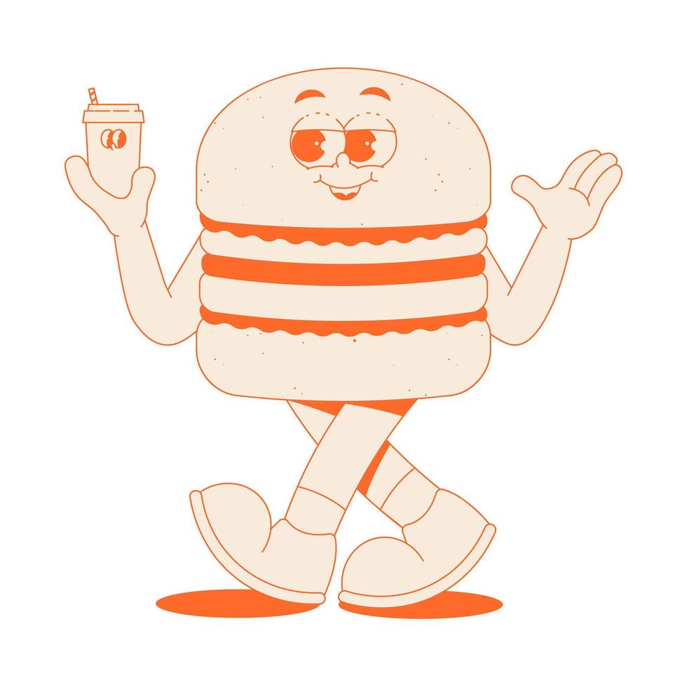 Funky burger character with drink in trendy retro groovy style. Psychedelic walking fast food mascot with face, hands and legs. sticker in monochrome palette vector