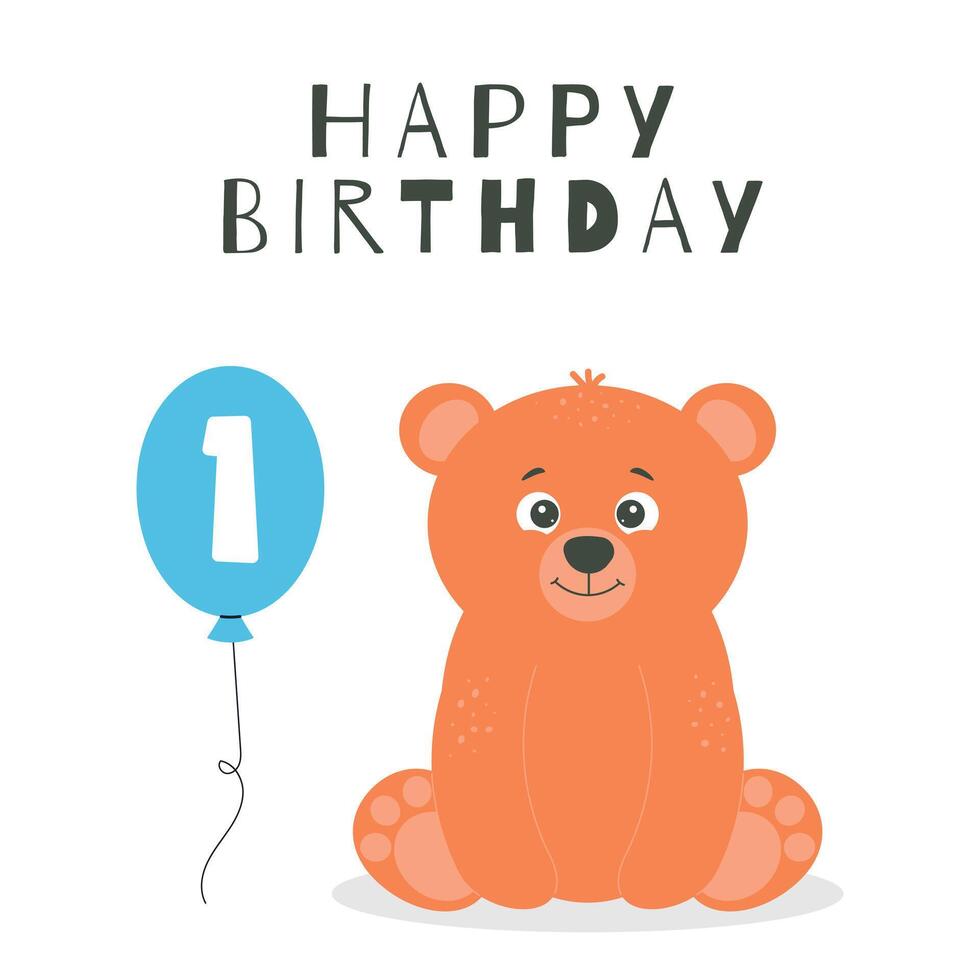 Greeting invitation for kids first Birthday party. Cute baby bear and balloon One in flat childrens style. illustration, design for card, poster, event, prints vector