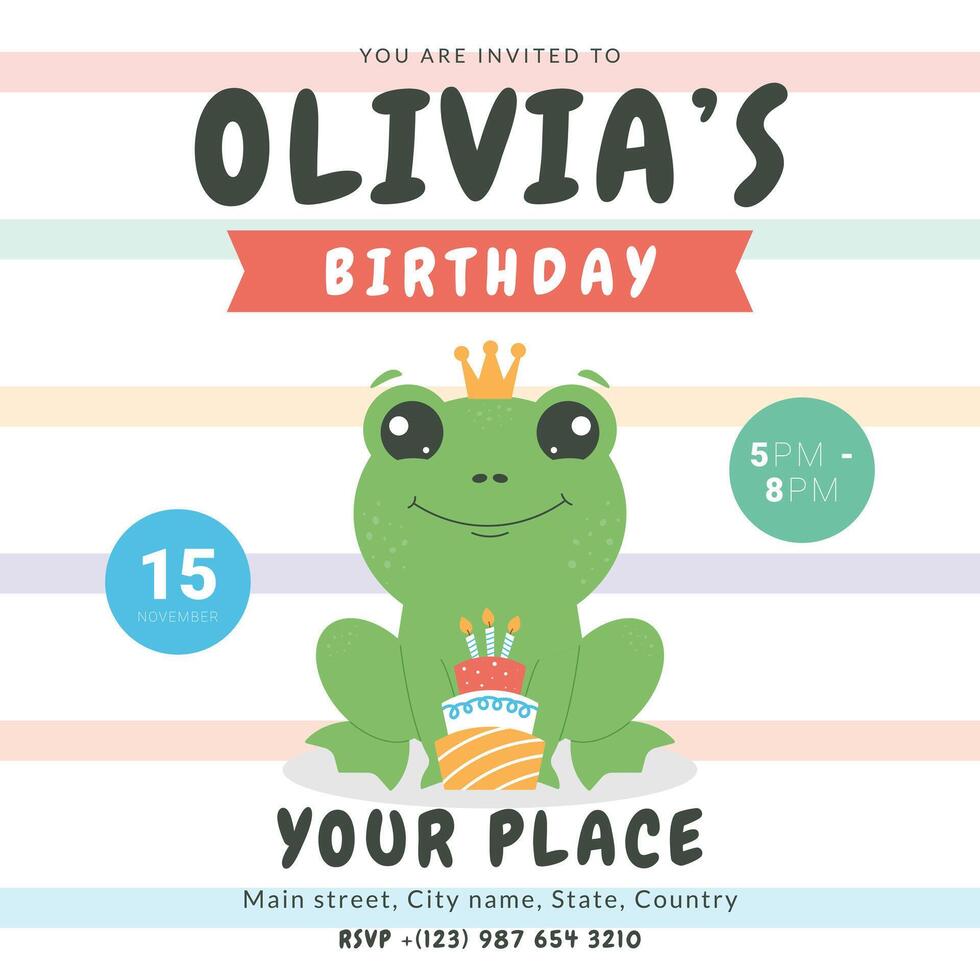 Greeting and invitation for kids Birthday party. Cute baby frog in flat childrens style. illustration, design for card, poster, event, prints vector