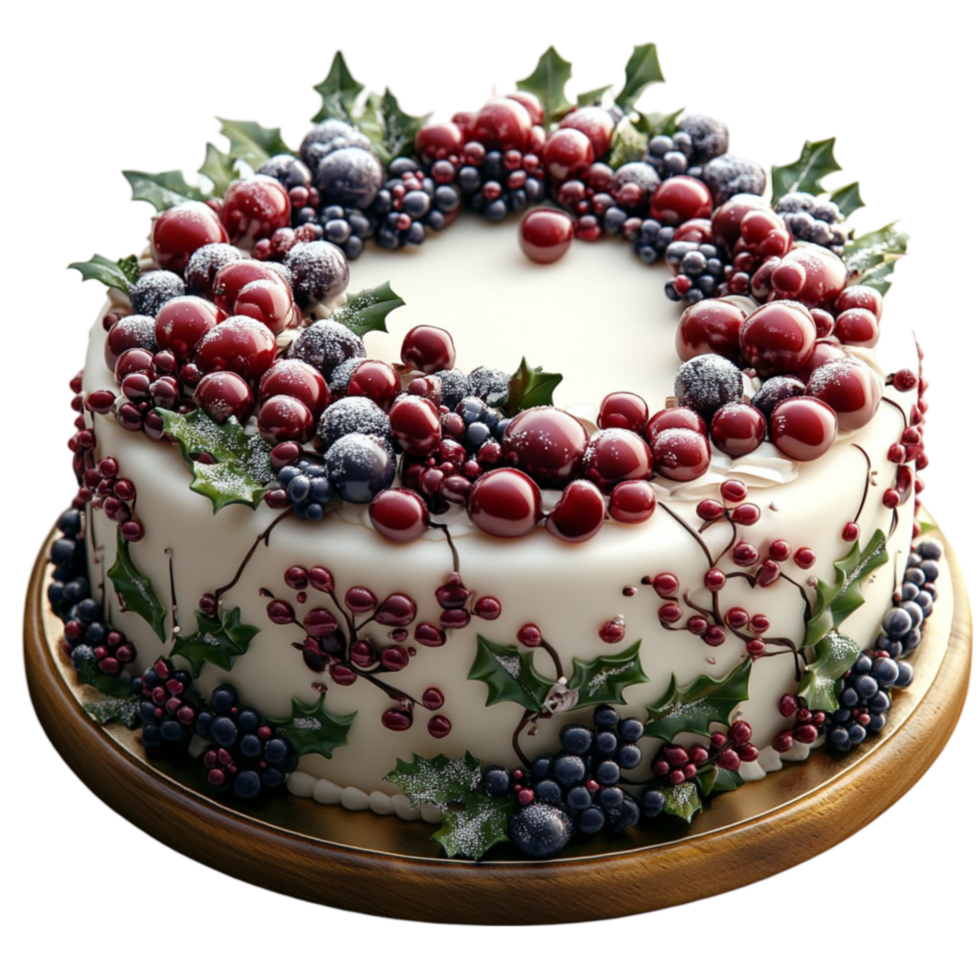 Cake with Berries and Holly Leaves on Transparent Background png