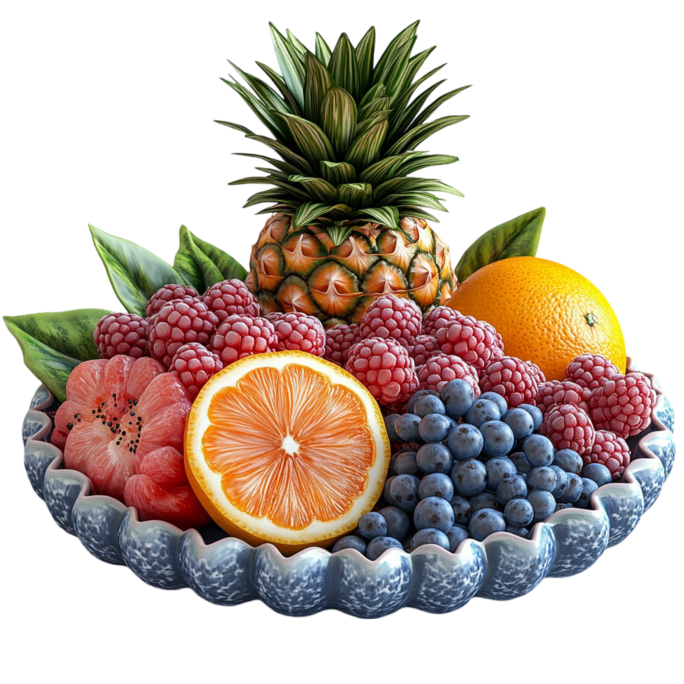 Bowl of Fruit with Pineapple, Oranges, Blueberries, and Grapes on Transparent Background png