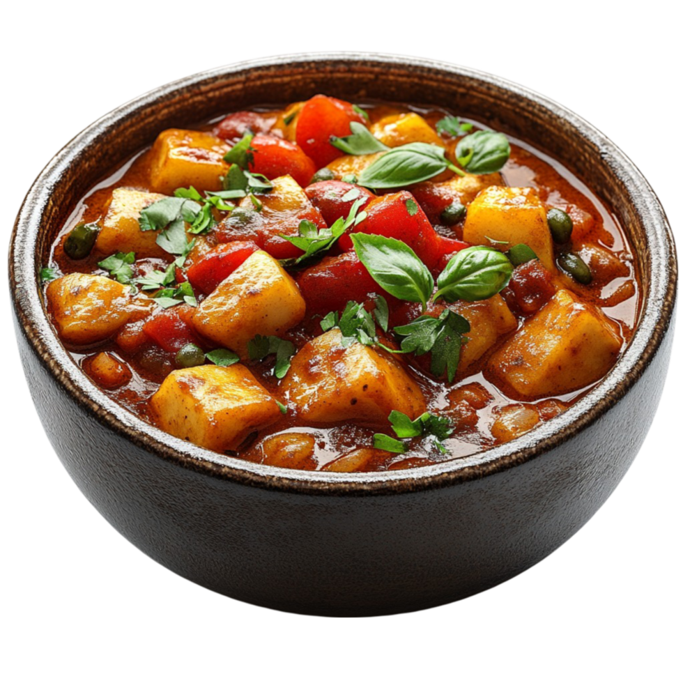 Chicken and Potato Curry in a Bowl with Basil on Transparent Background png