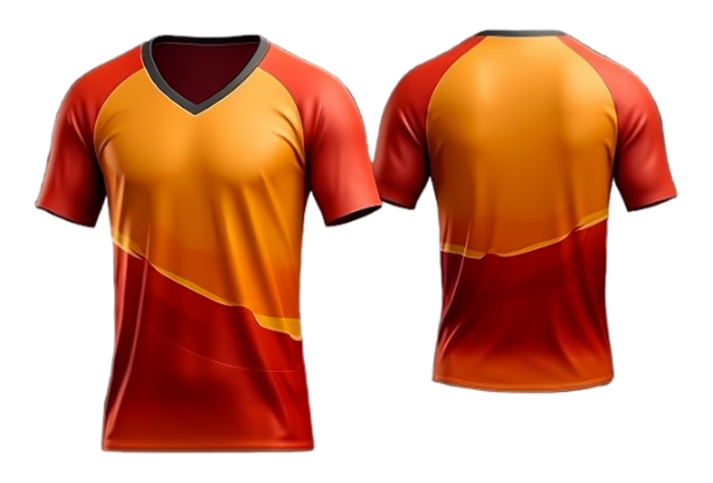 red and orange sports jersey t-shirt mockup template with front and back views, isolated on transparent background png