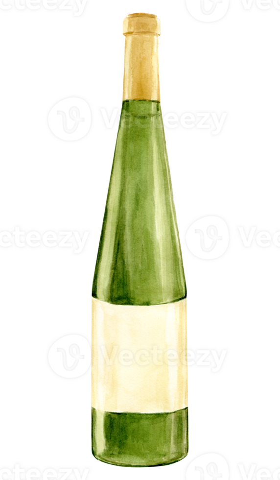 Watercolor bottle of white wine with old paper label. Hand drawn clipart of alcoholic drink in green bottle for party and event. Grape drink illustration for tasting, menu, bar, posters. png