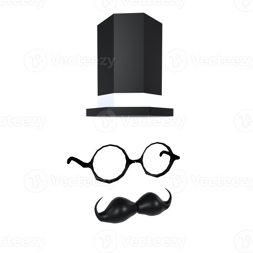 Creative black and white 3D rendering of a hat, glasses, and mustache png