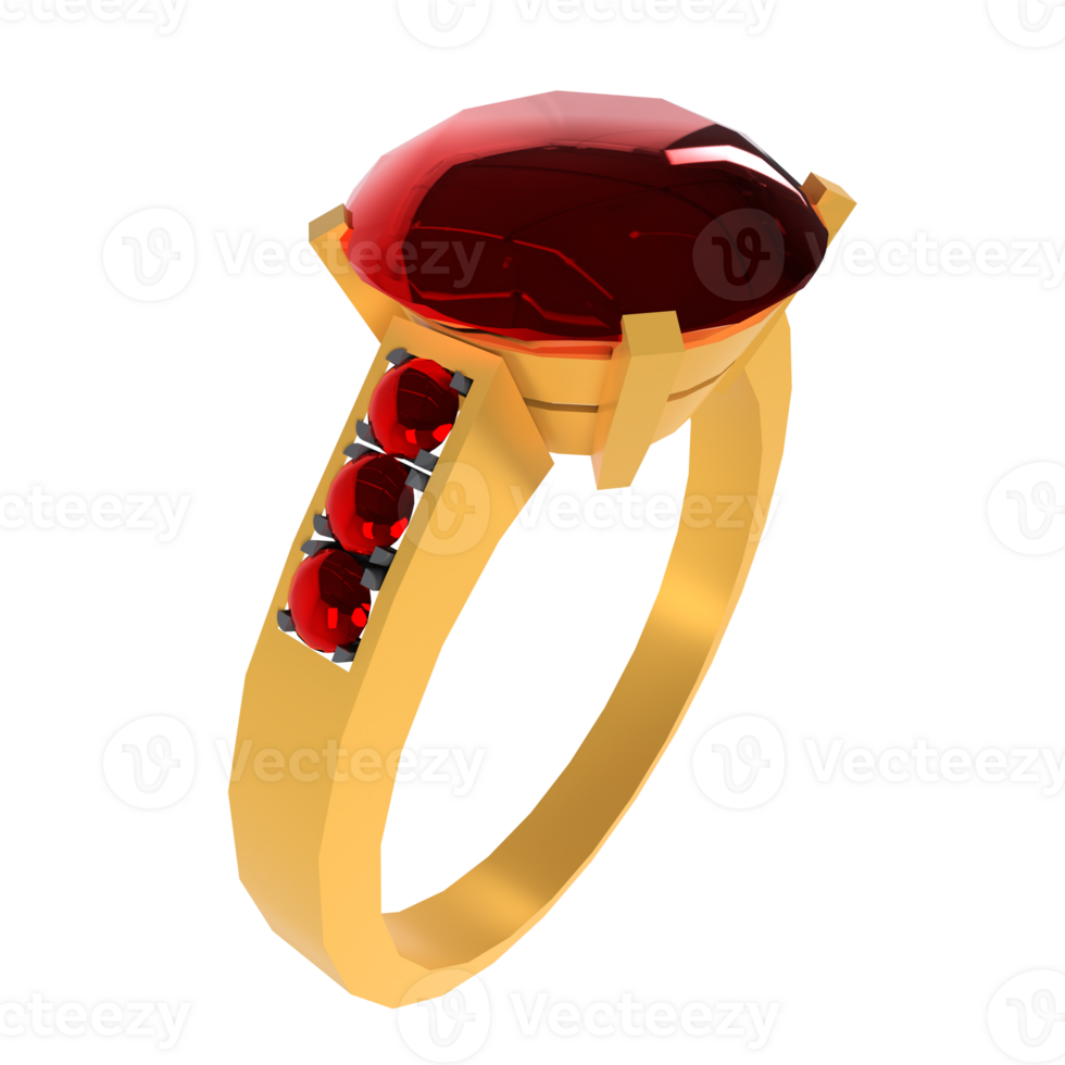 Elegant gold ring featuring a large red gemstone and smaller accents png