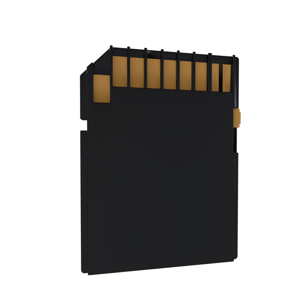3D rendering of a black memory card with gold contacts png