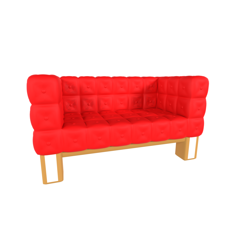 Modern red sofa with wooden legs in 3D rendering design png