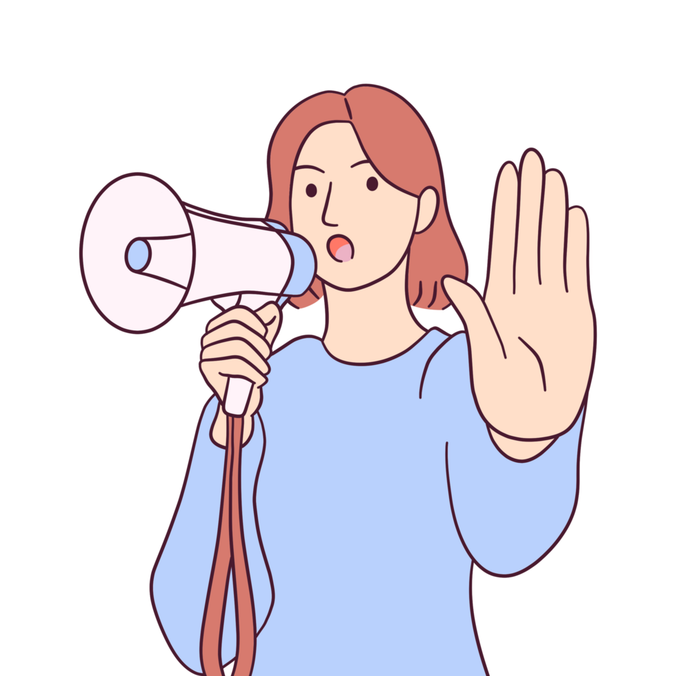 Illustration of woman posing rejection or showing no gesture with speaker png