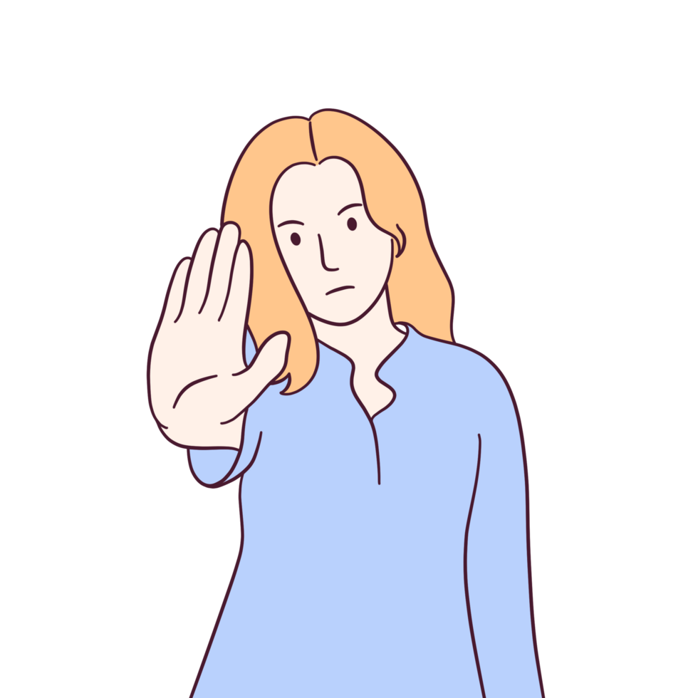 Illustration of woman posing rejection or showing stop gesture png