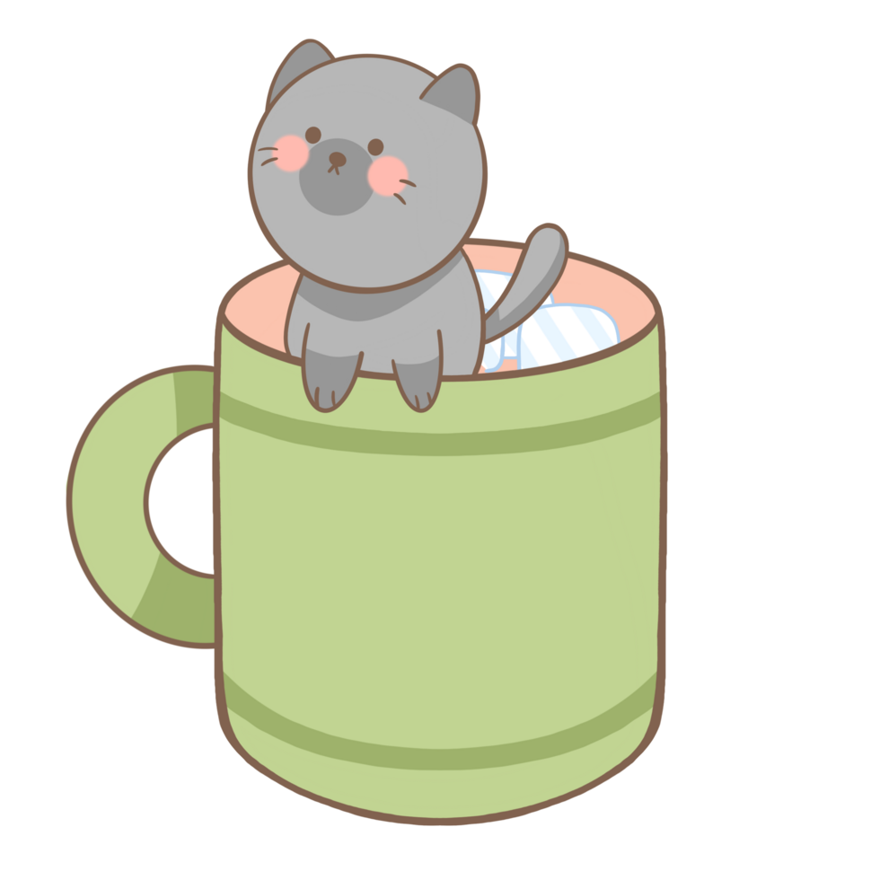 a cartoon cat sitting in a cup on a transparent background png