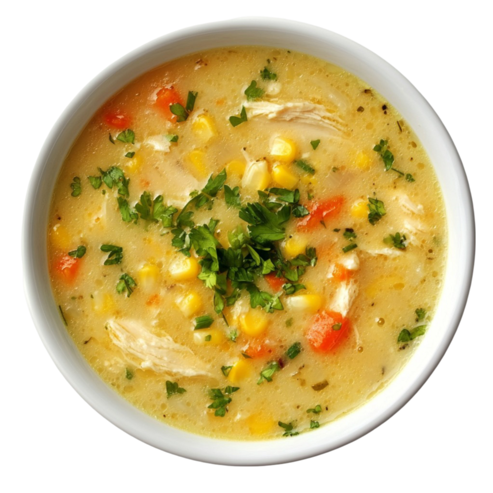 Chicken and Corn Soup in a Bowl with Spoon on Transparent Background png