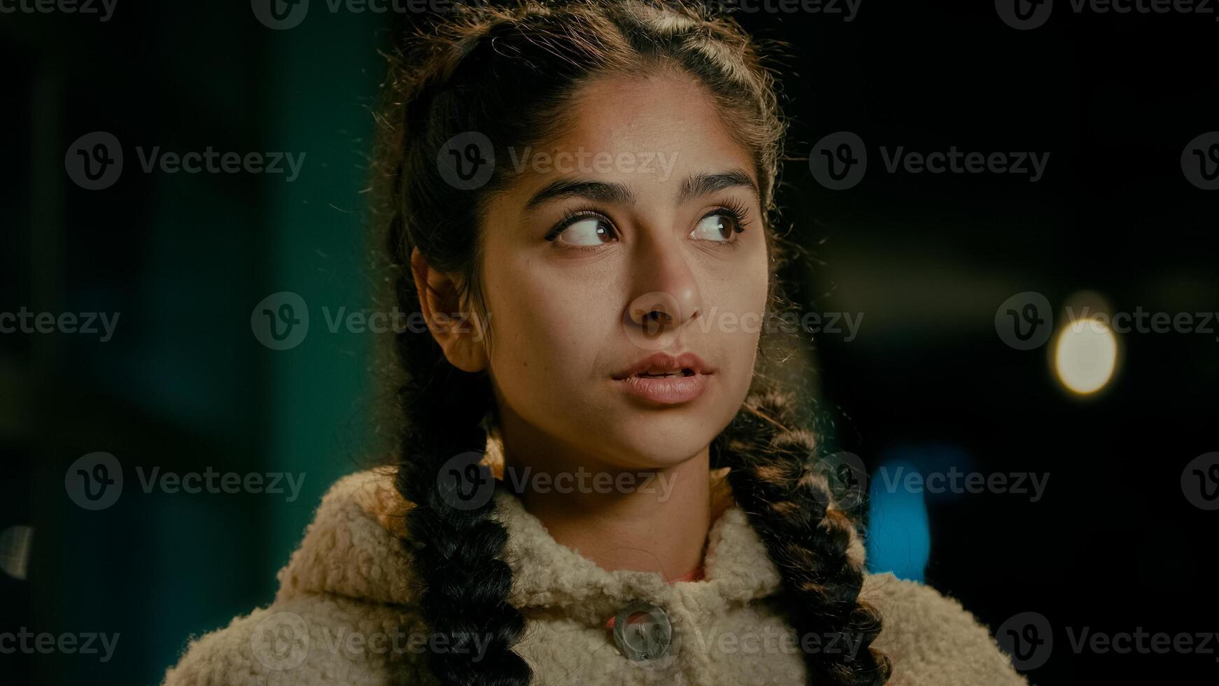 Scared upset woman arabian latina girl put hand on face feel disappointment stress problem disgruntled female stand alone in evening city expressing confused unpleasant facial emotion failure trouble photo