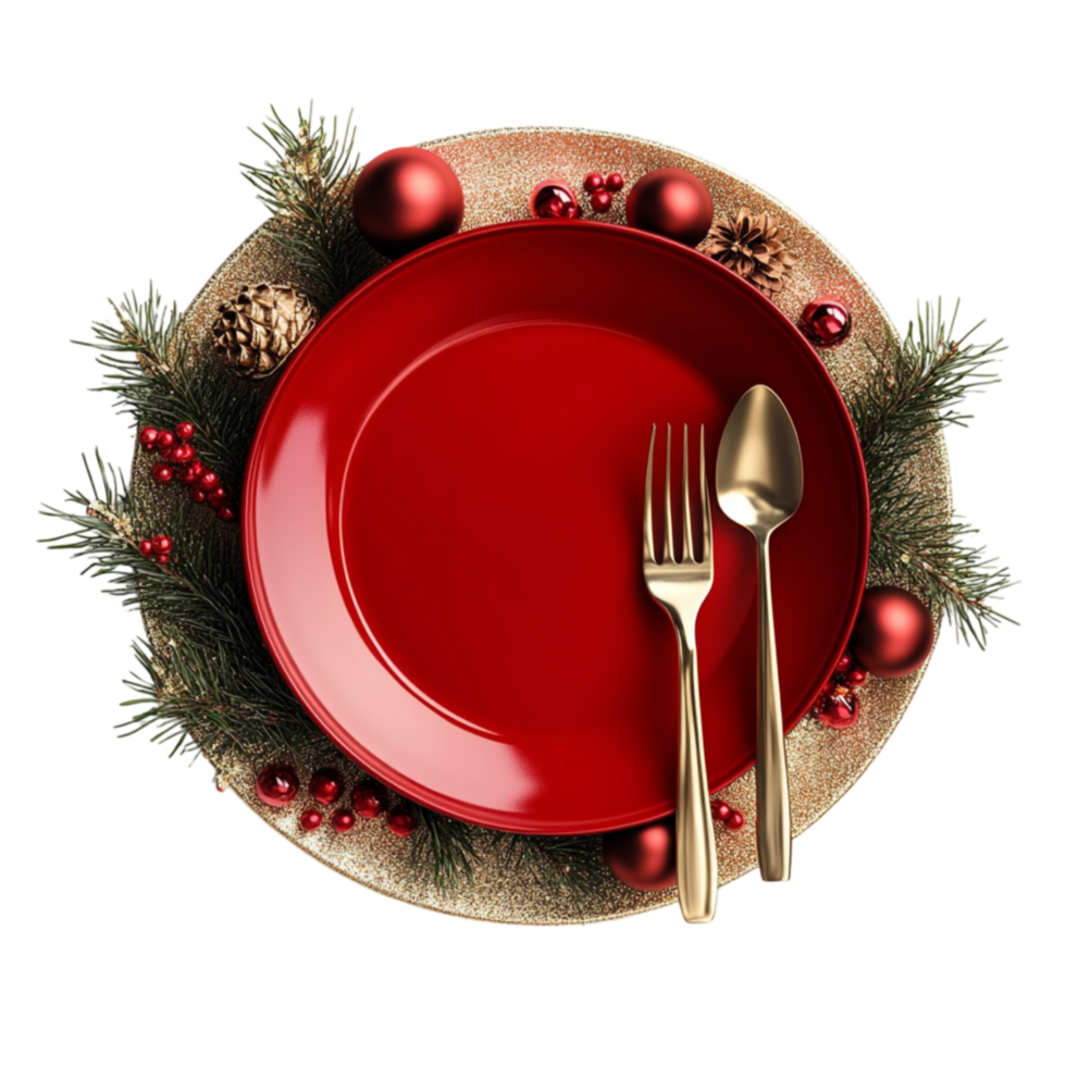 Christmas Table Setting with Red Plate, Fork, and Knife png