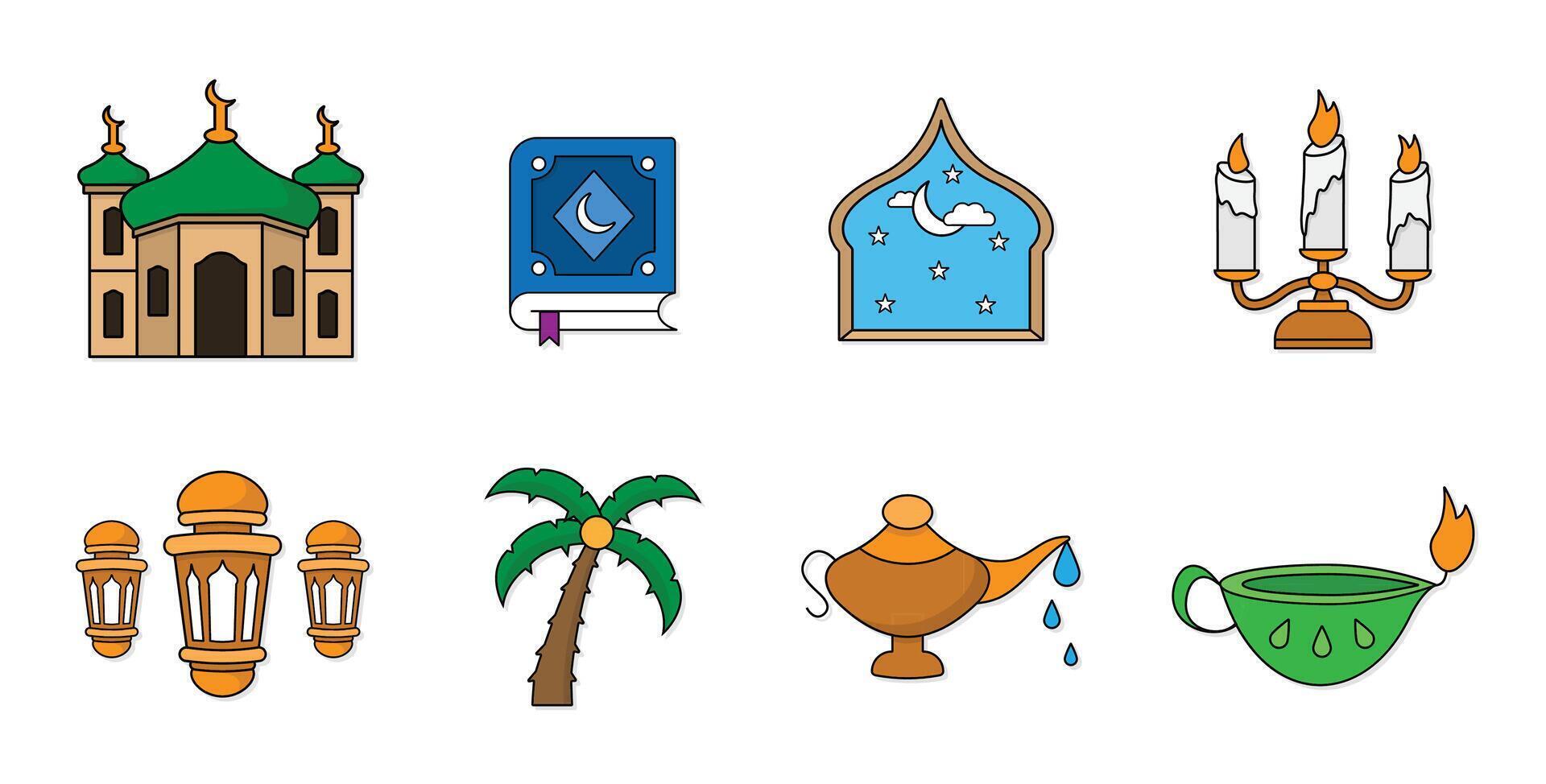 Muslim religious traditions icons set. islamic rosary things symbol, isolated on white background illustrations vector