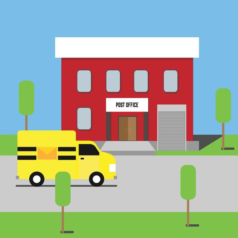 Red Post Office Building With Yellow Delivery Truck vector