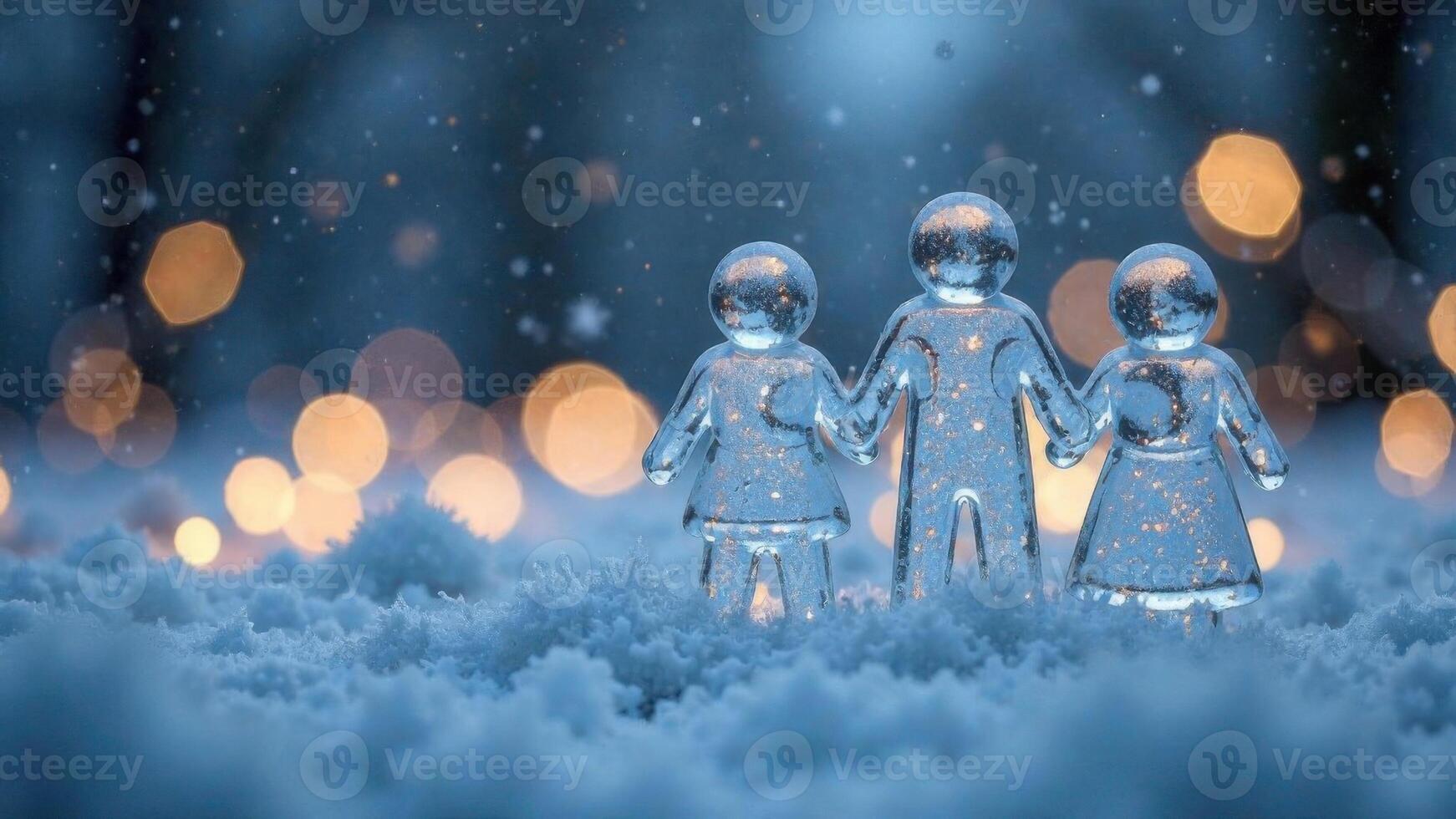 Family theme on New Year's Eve, Icy figures sit in the snow outside from mother, father, daughter, everning photo time with snowflakes and bokeh on blurred background, copy space