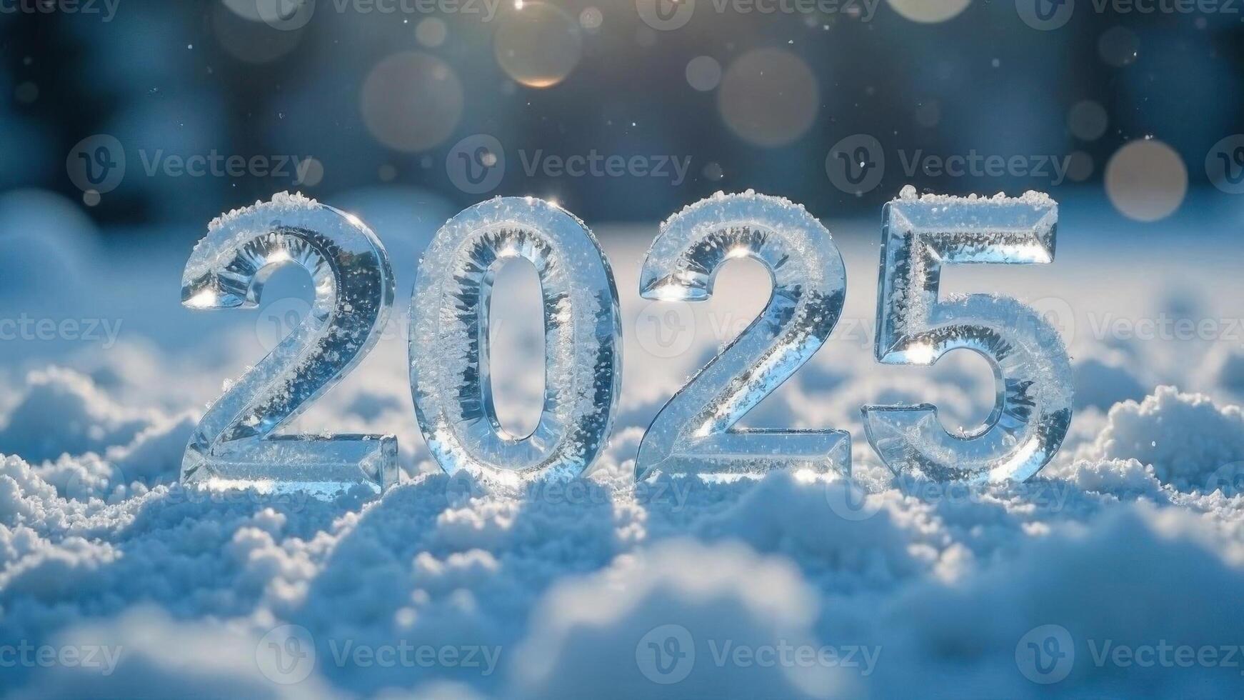 Ice number 2025 on a shiny snowy background with blurred sun rays, photo outside on New Year's Eve, snowy morning with snowflakes, shadows and bokeh
