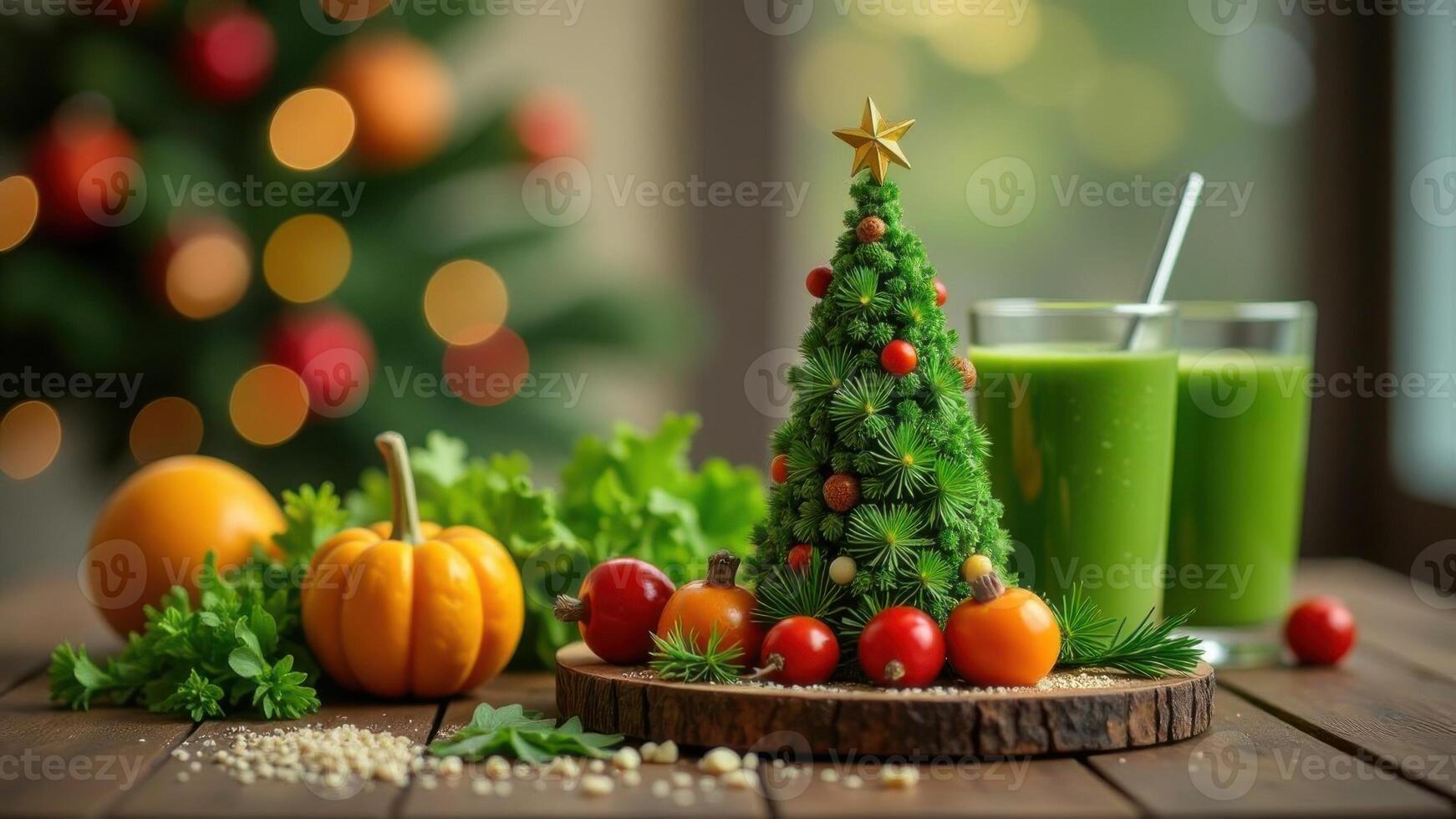 Healthy food on the table with small Christmas tree of greens and vegetables - lettuce, tomatoes and citrus, green smoothy, festive cozy atmosphere photo