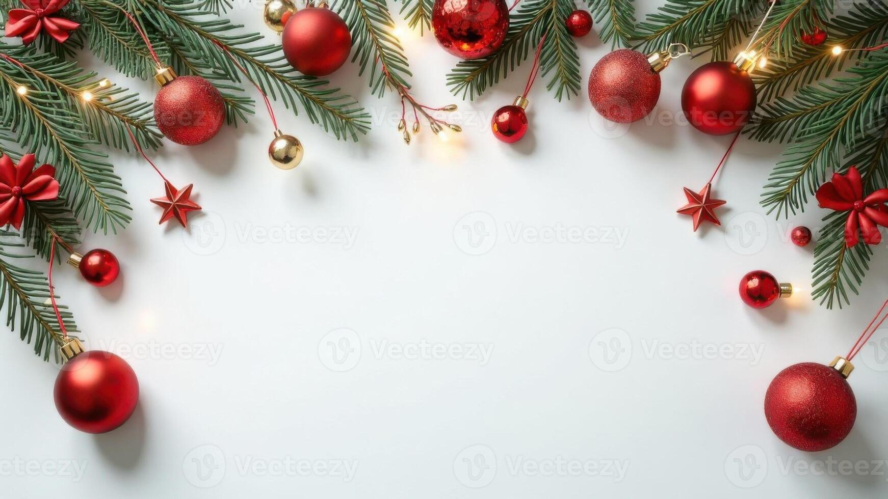 Stylish Christmas background concept, Bright Christmas frame of spruce, red baubles, bows, gifts and lights on top view white background, flat lay for copy space, New Year decorations photo