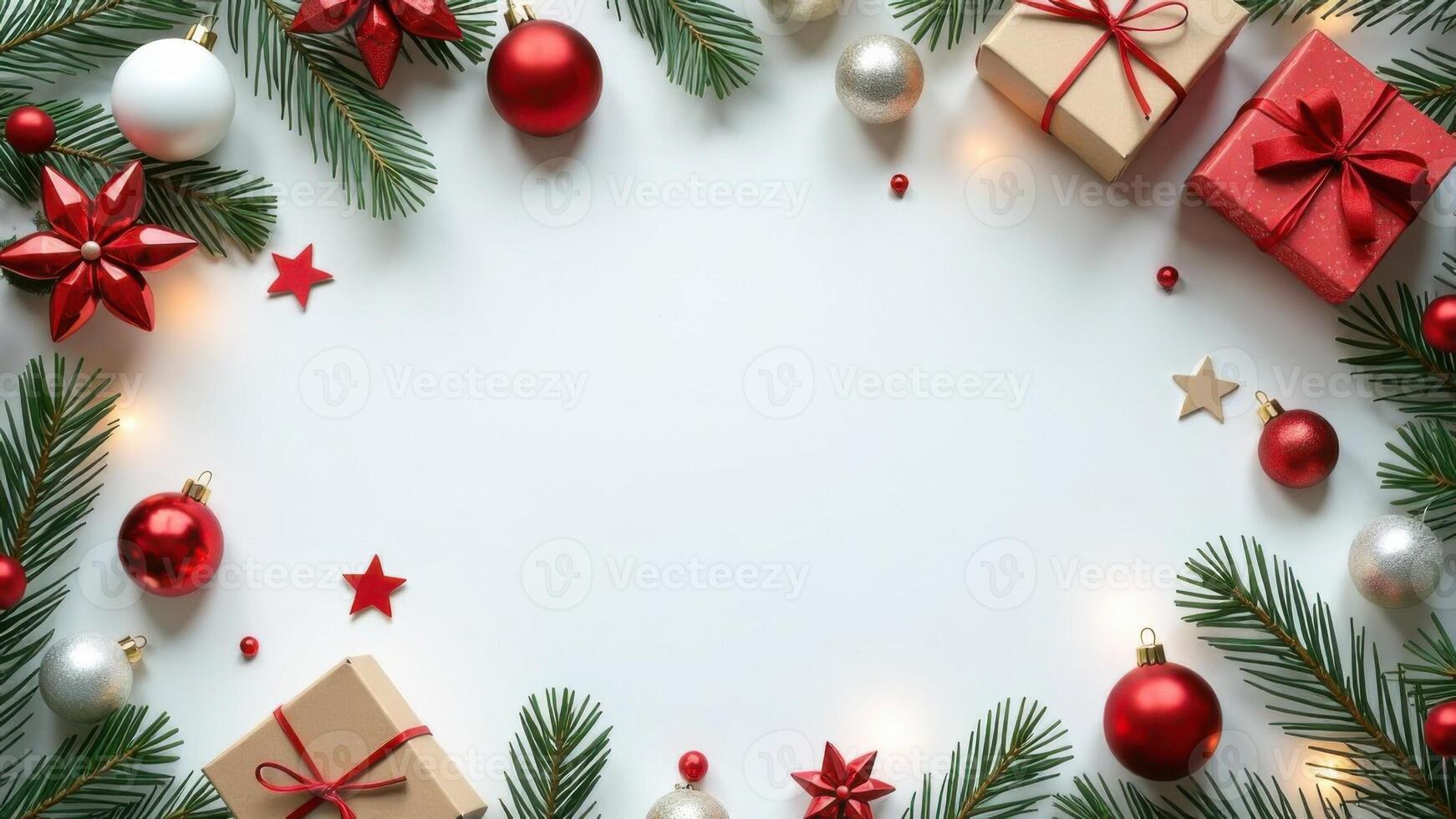 Christmas decoration top view background, Bright Christmas frame of spruce, red baubles, bows, gifts and lights on white background, copy space, New Year greeting card, frame, banner photo