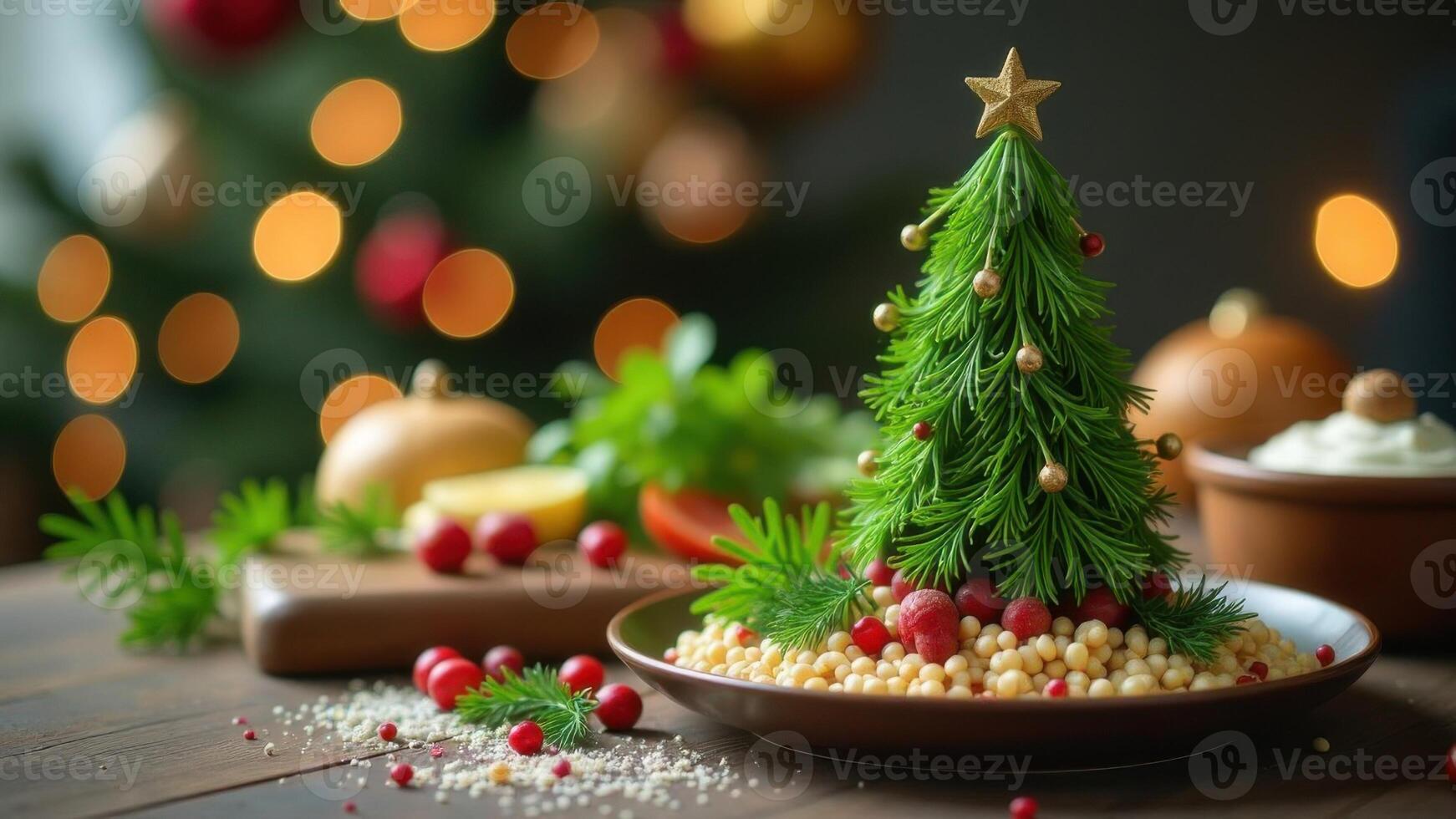 Table with small Christmas tree of greens and vegetables - lettuce, tomatoes and citrus, healthy and seasonal touch, Festive scene with soft background bokeh of lights creates warm, cozy atmosphere photo