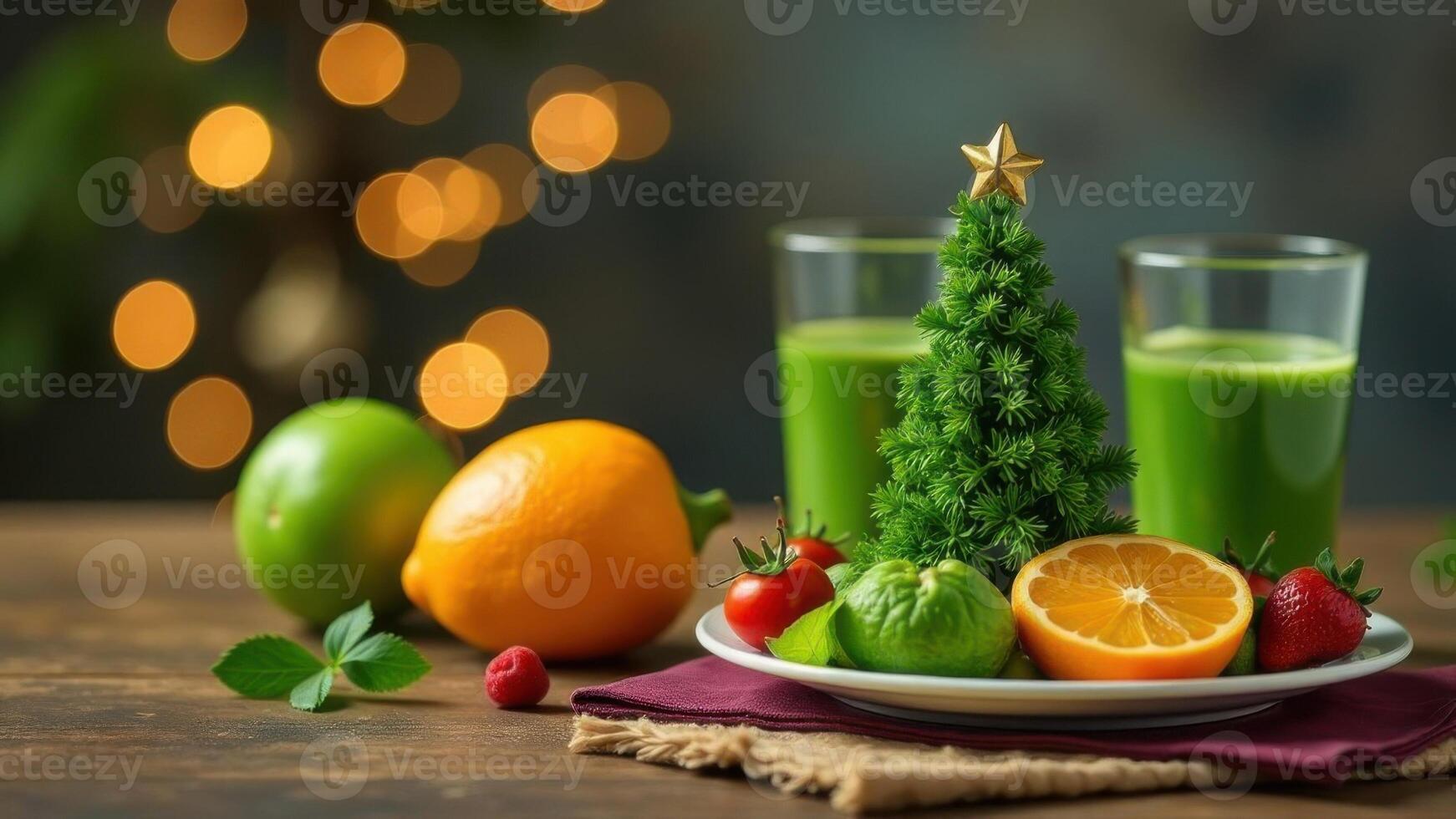 Festive table with healthy and seasonal foods, green smoothy, citrus fruits, small Christmas tree of greens, soft background bokeh of lights creates warm, cozy atmosphere photo