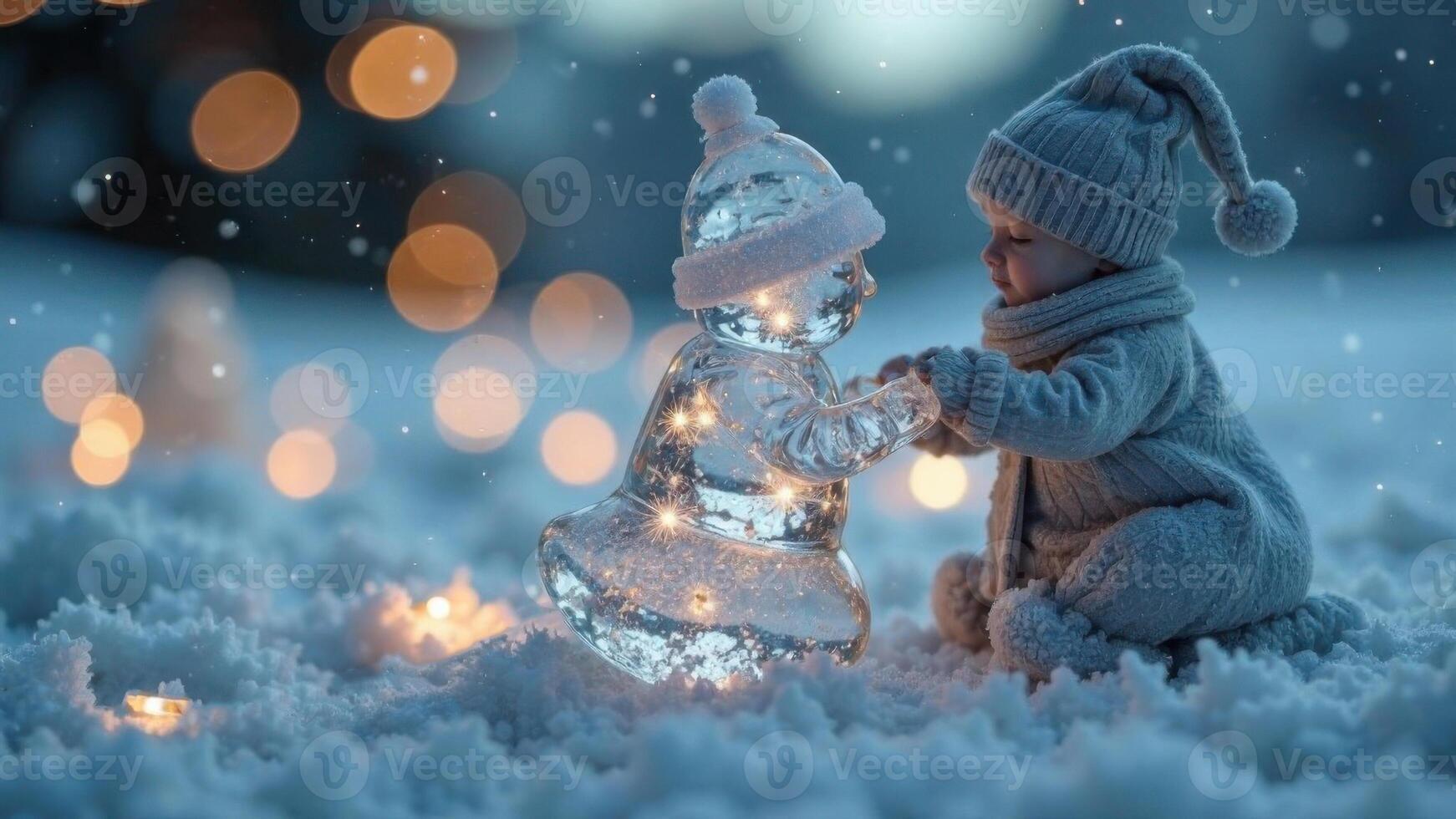 Addition to the family, Little baby figures with icy baby sit in the snow outside, a family theme on New Year's Eve, everning time with snowflakes and bokeh on blurred background, copy space photo