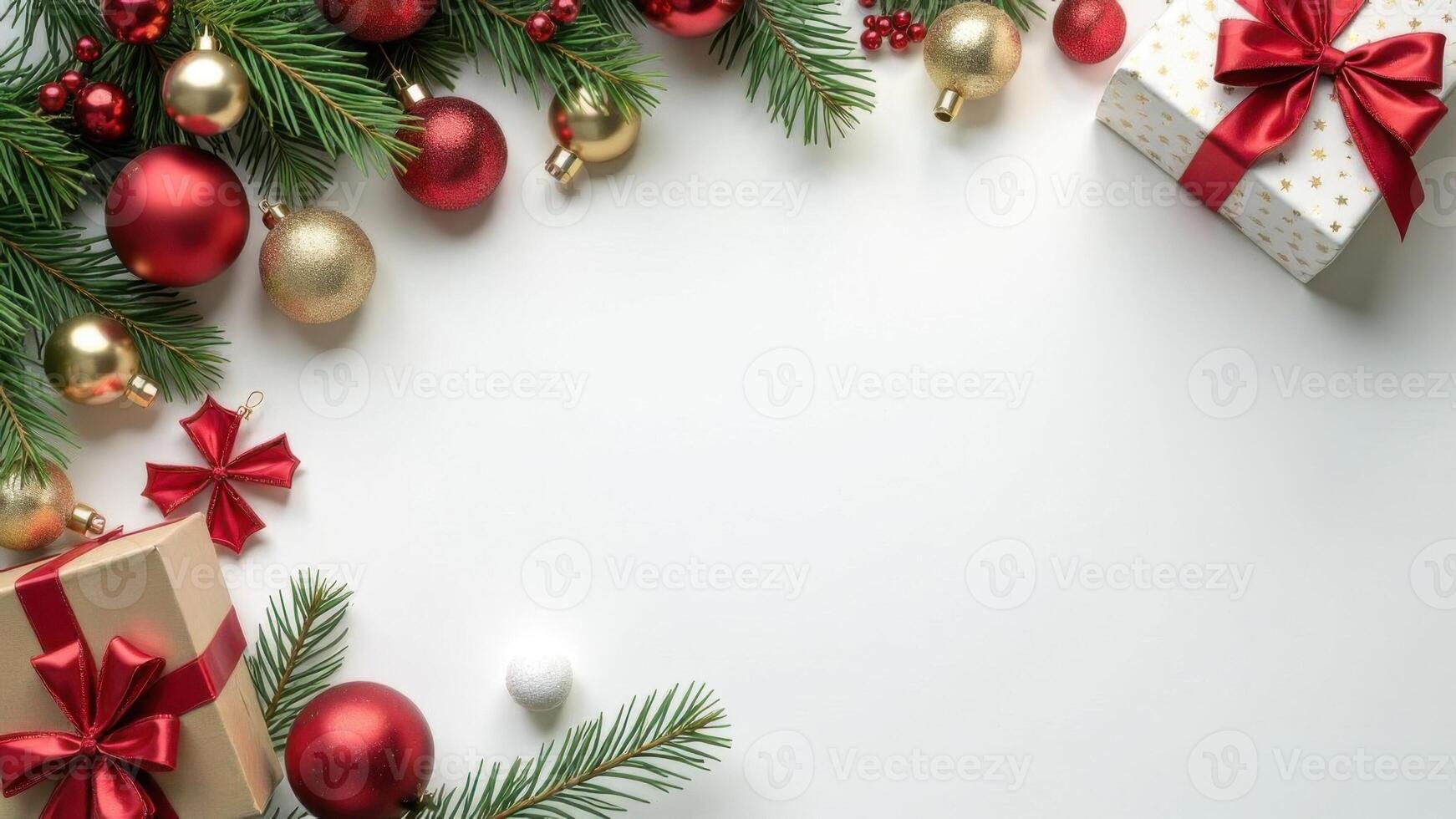 Stylish Christmas decoration concept, Bright Christmas frame of spruce, red baubles, bows, gifts and lights on white background. Flat lay, copy space, Holidays greeting card, frame, banner. New Year photo