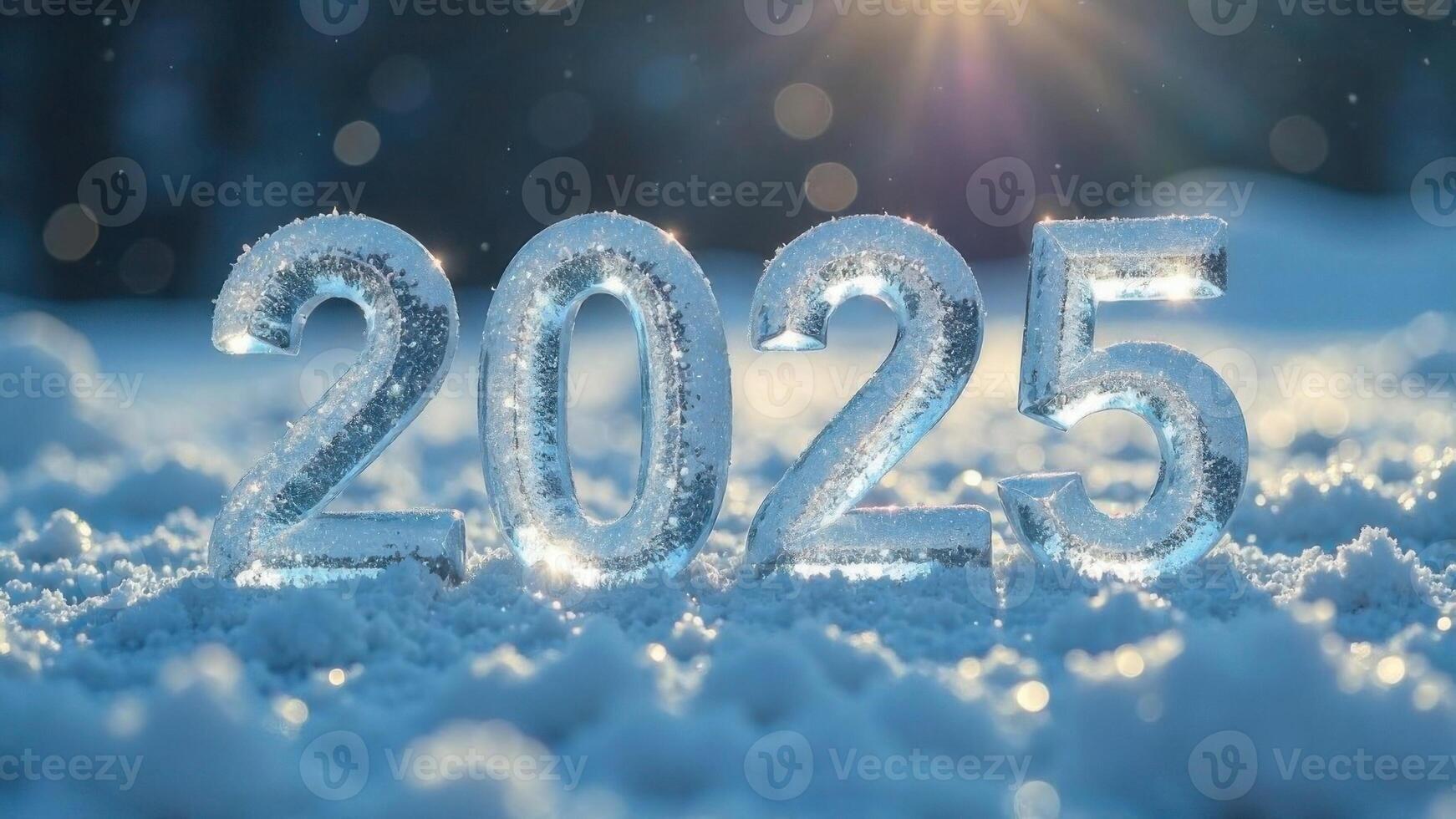 3D Icy number 2025 on a shiny snowy background with blurred sun rays, photo outside on New Year's Eve, snowy morning with snowflakes, shadows and bokeh, christmas theme