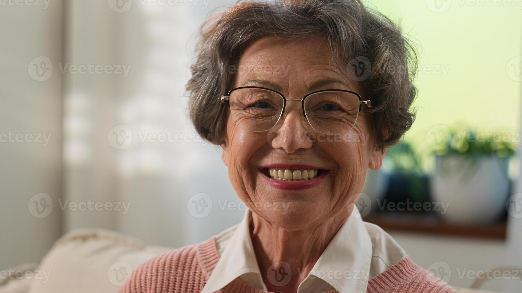 Grandmother senior woman old mature female elderly granny indoors at home smiling toothy looking camera happy middle aged single person portrait smile older grey-haired healthy cheerful retired lady photo