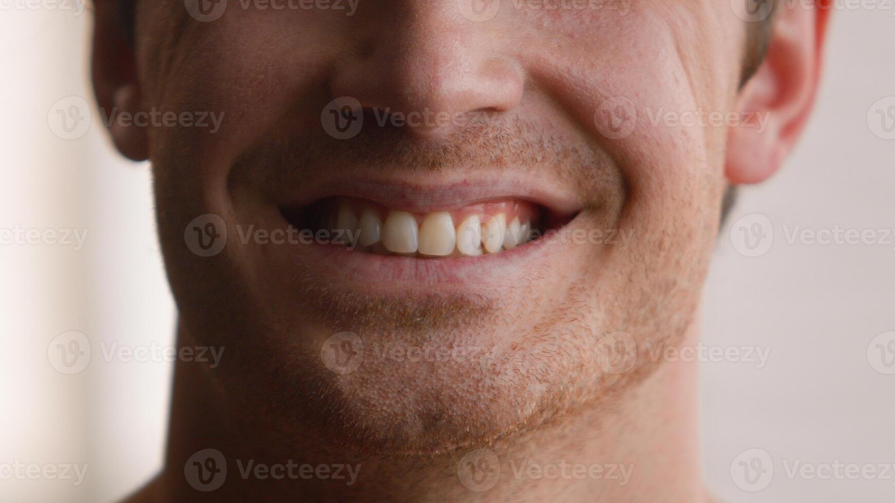 Cropped view unrecognizable Caucasian man smile toothy male teeth smiling happy joyful carefree cheerful guy home medical clinic orthodontic oral dentistry hygiene dental health whitening procedure photo
