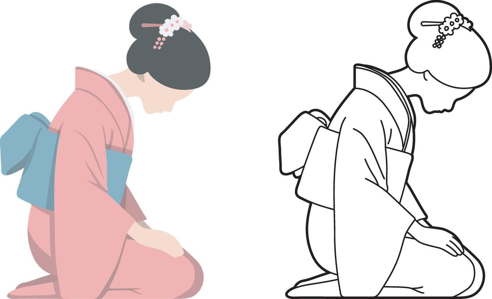 Japanese Woman Wearing Kimono Bowing. Side View. vector
