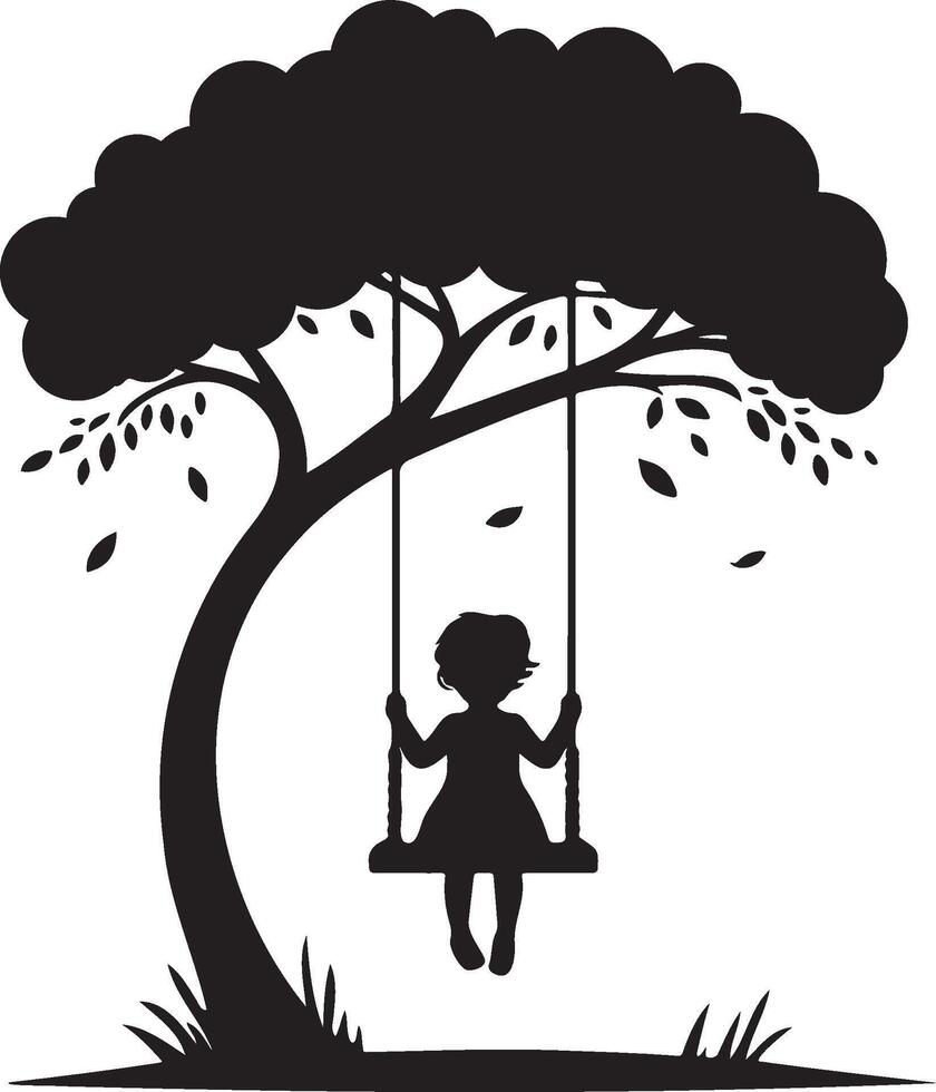Girl Play Swing Under Tree Silhouette. vector