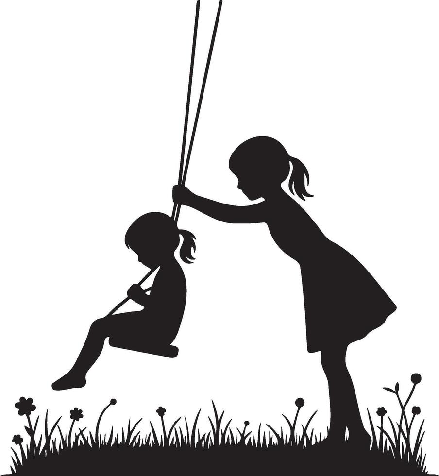 Sisters Play Swing Silhouette. vector