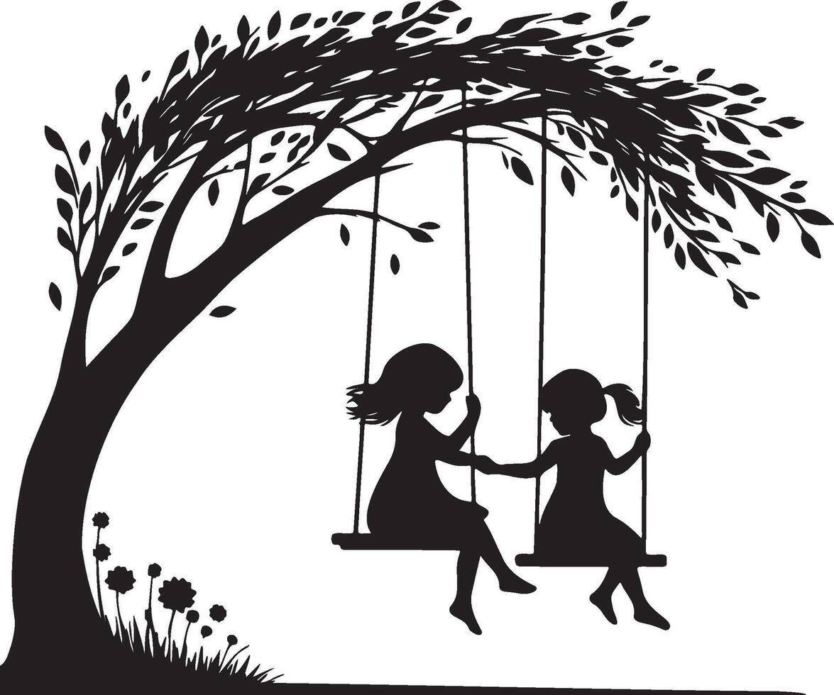 Two Girls Play Swing Under Tree Silhouette. vector