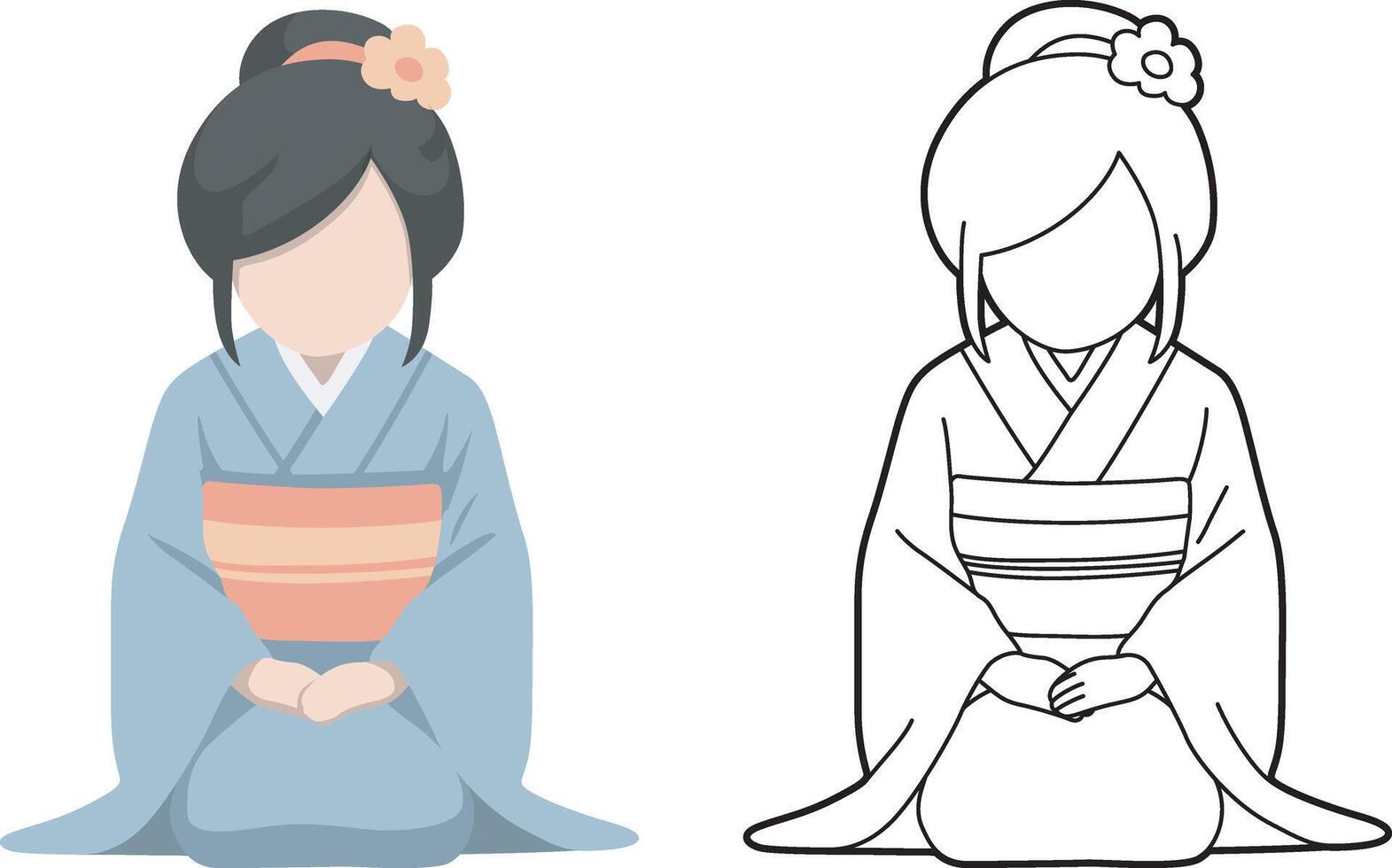 Japanese Woman Wearing Kimono Character.Bowing Cartoon . vector
