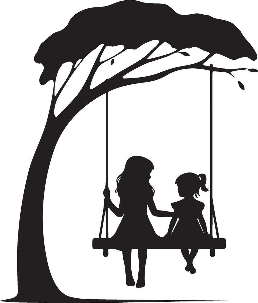 Sisters Play Swing Under Tree Silhouette. vector