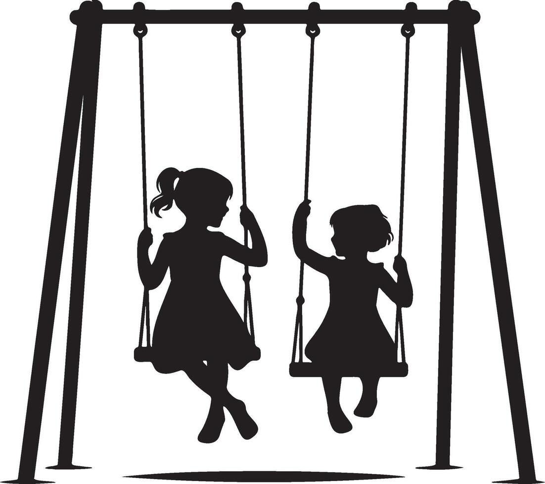 Two Girls Play Swing Silhouette. vector