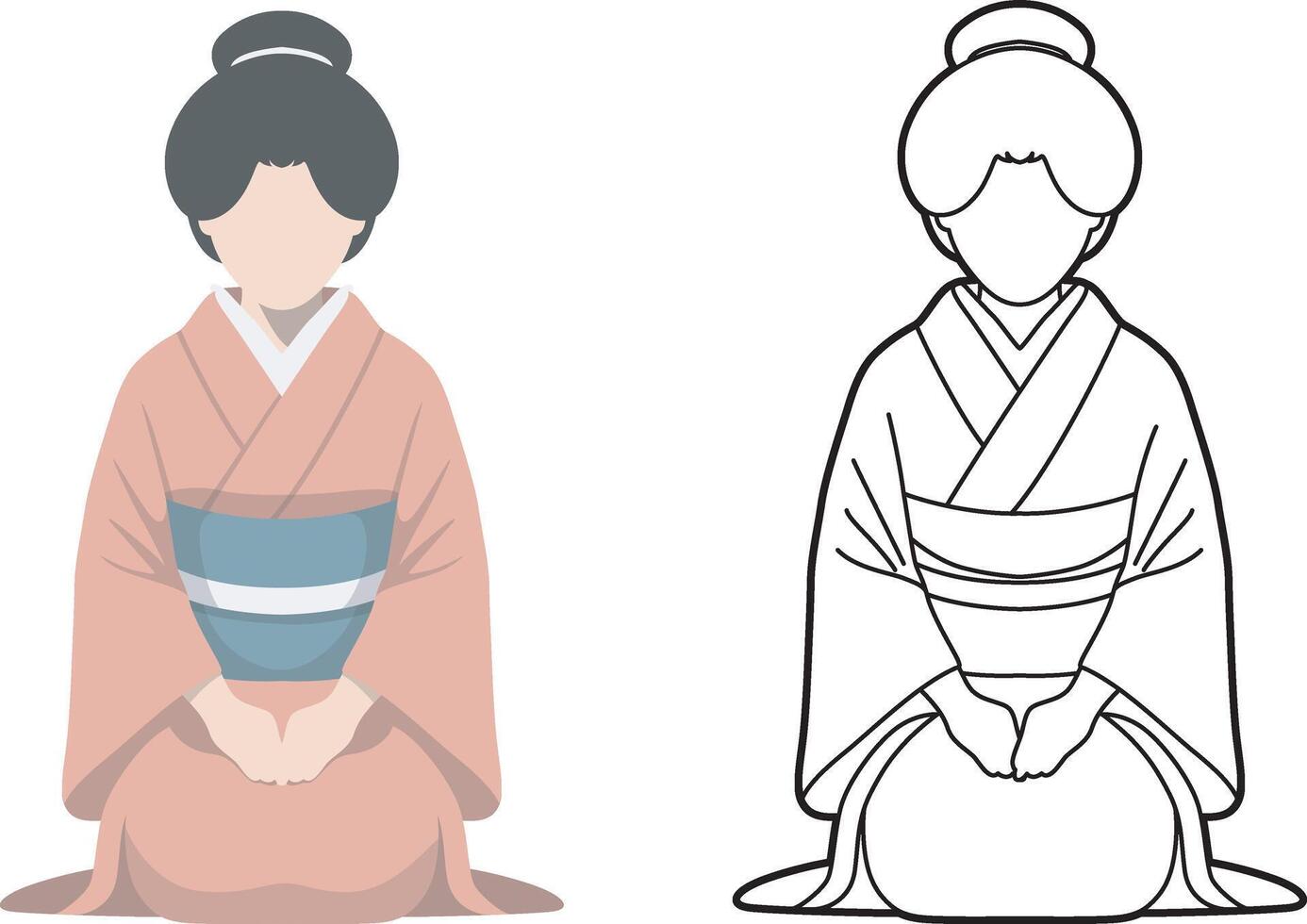 Japanese Woman Wearing Kimono Bowing. Front View. vector