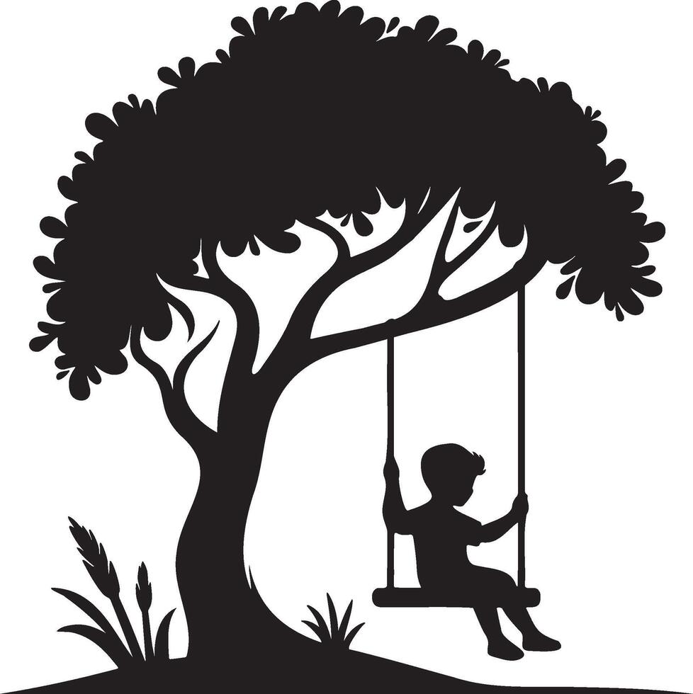 Boy Play Swing Under Tree Silhouette. vector