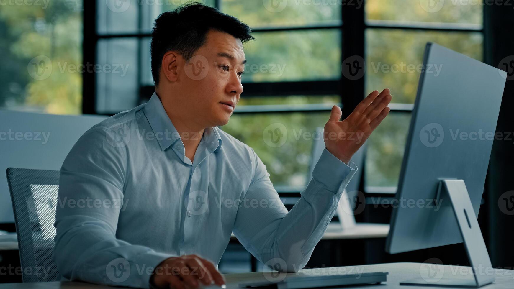 Chinese middle-aged businessman work on computer receive bad email notification wrong test result disappointed asian man business owner make mistake feel negative emotion professional defeat concept photo