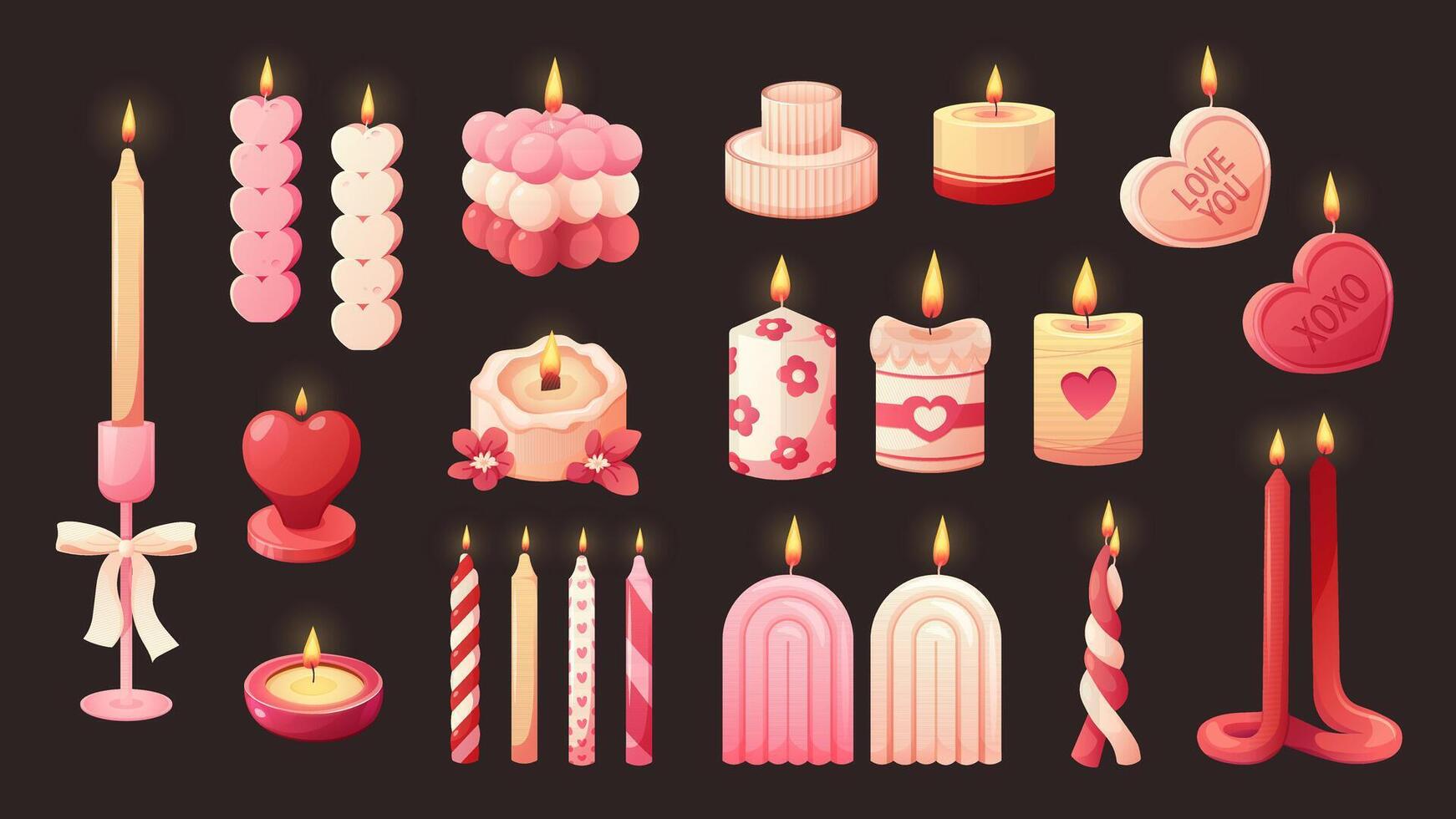 Set of romantic candles. Burning candles for couple, aroma candles. drawing elements for Valentine's Day vector