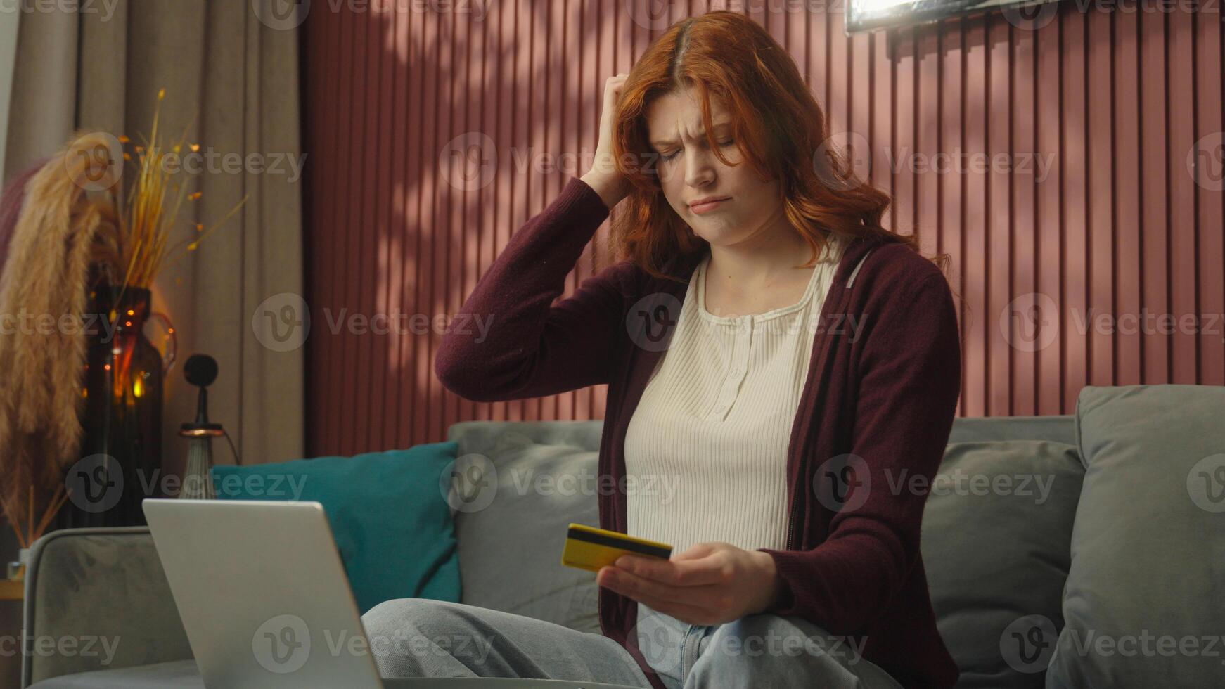 Caucasian confused girl woman credit card pay laptop computer online shopping problem payment female client buying home web store upset displeased trouble password fail bank error money scam rejection photo