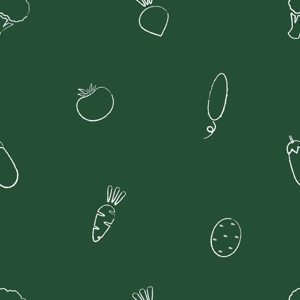 Chalk silhouette autumn vegetable seamless pattern. Retro style trendy background ornament with chalk contour vegetables on green chalkboard. Seamless illustration for wrapping paper pattern vector